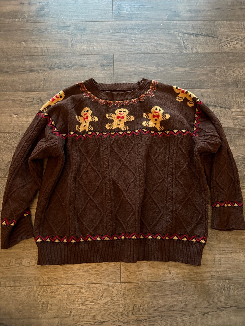 Brown Gingerbread Crewneck Sweater with Holiday Motif